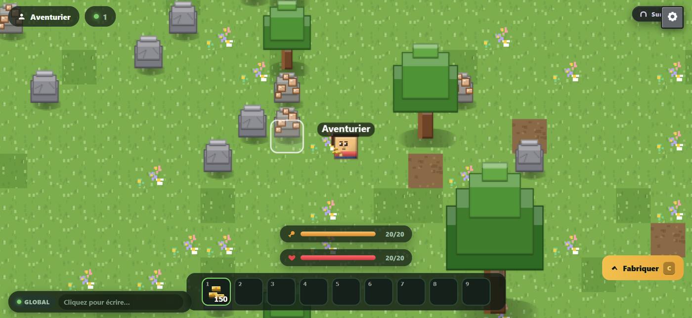 Avania : le personnage Aventurier sur une carte en pixel art avec arbres, rochers et minerai