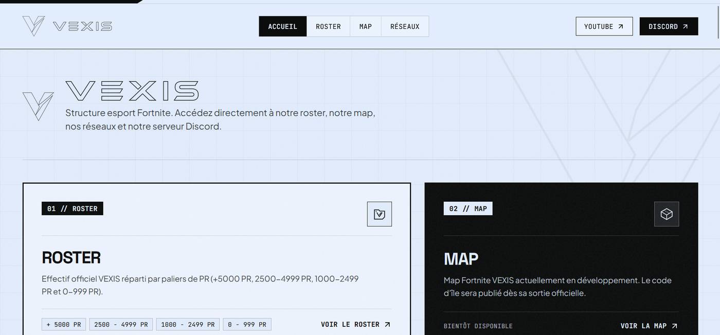 Page d'accueil de Vexis : navigation Accueil, Roster, Map, Réseaux et cartes Roster et Map